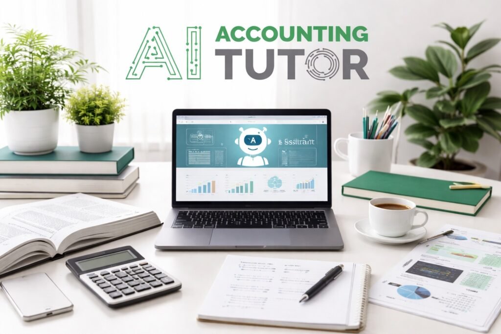 AI accounting study support workspace showing student laptop, calculator and accounting notes with AI Accounting Tutor logo
