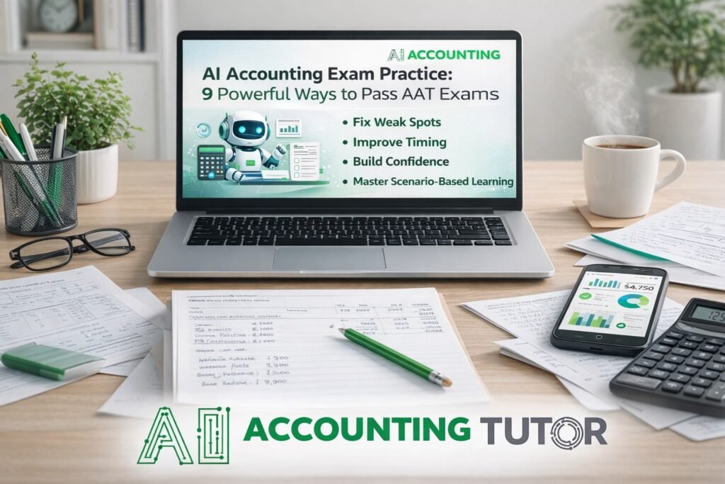 AI accounting exam practice workspace showing AAT student revising with laptop, calculator and financial notes alongside AI Accounting Tutor logo