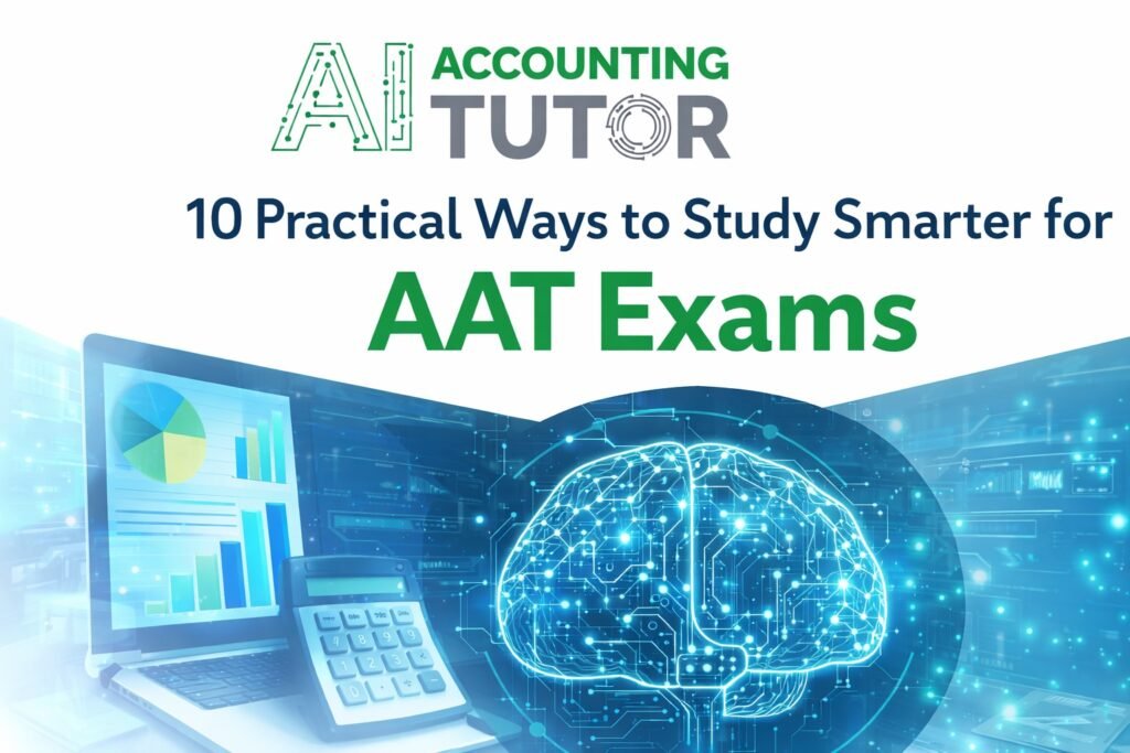 AI accounting revision tools concept image showing AI Accounting Tutor logo, laptop with financial charts, calculator and digital AI brain for AAT exam study