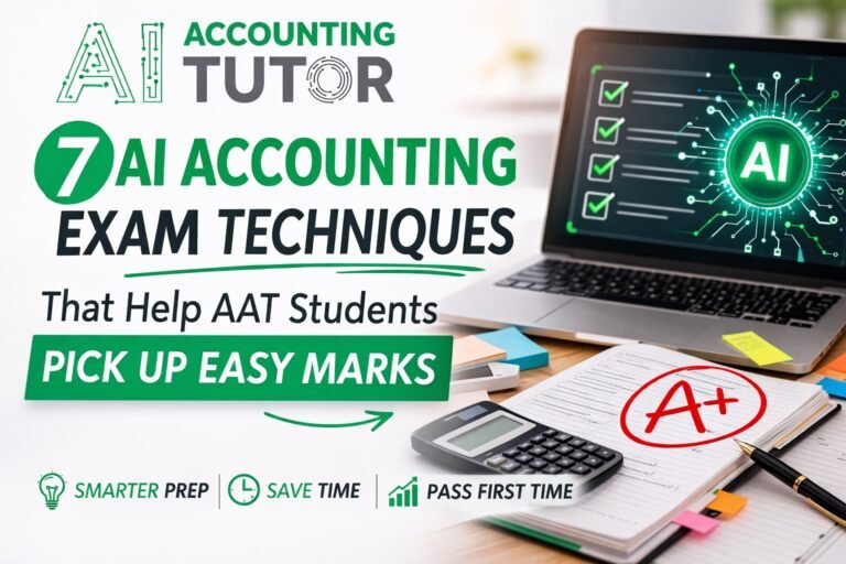 AI accounting exam technique workspace showing laptop, calculator and exam paper helping AAT students practise accounting exam preparation.