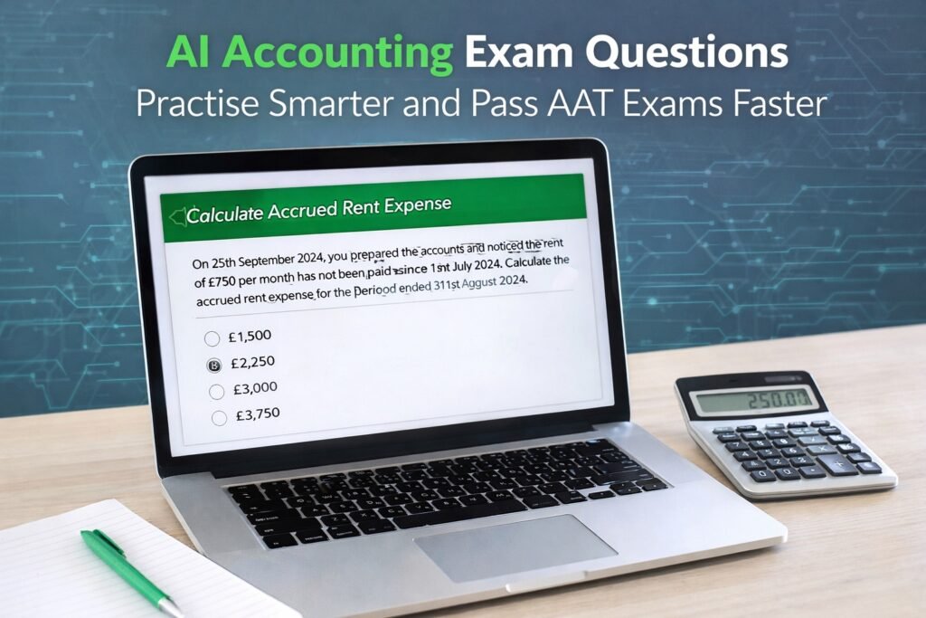 If you’re studying for your AAT exams, one thing becomes clear very quickly:

You don’t fail because you didn’t read enough.
You fail because you didn’t practise the right way.

That’s where AI accounting exam questions are changing the game.

Instead of relying on static question banks, AI can now generate unlimited, tailored exam-style questions based on your weak areas. This means your revision becomes targeted, efficient, and far more effective.