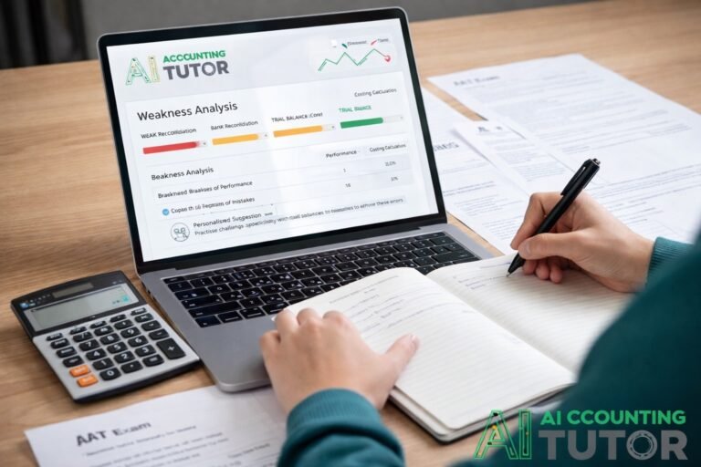 AI accounting weakness analysis workspace showing AAT student using AI Accounting Tutor to identify mistakes and improve exam performance