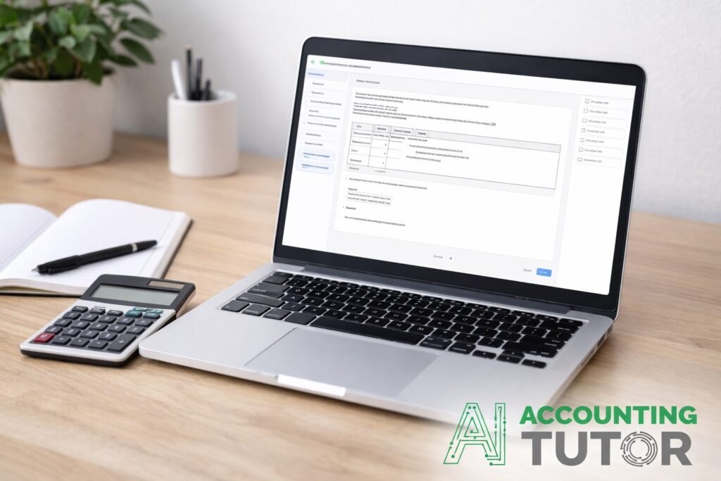 AI accounting practice tests helping AAT student revise with laptop calculator and exam questions for faster exam preparation