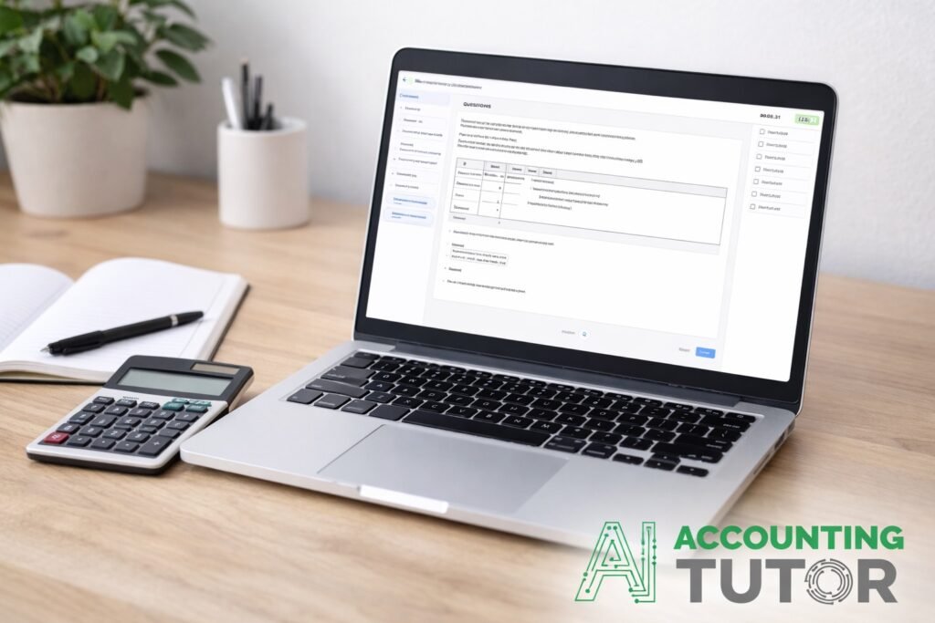 AI accounting mock exams helping AAT student practise under timed exam conditions with laptop and calculator