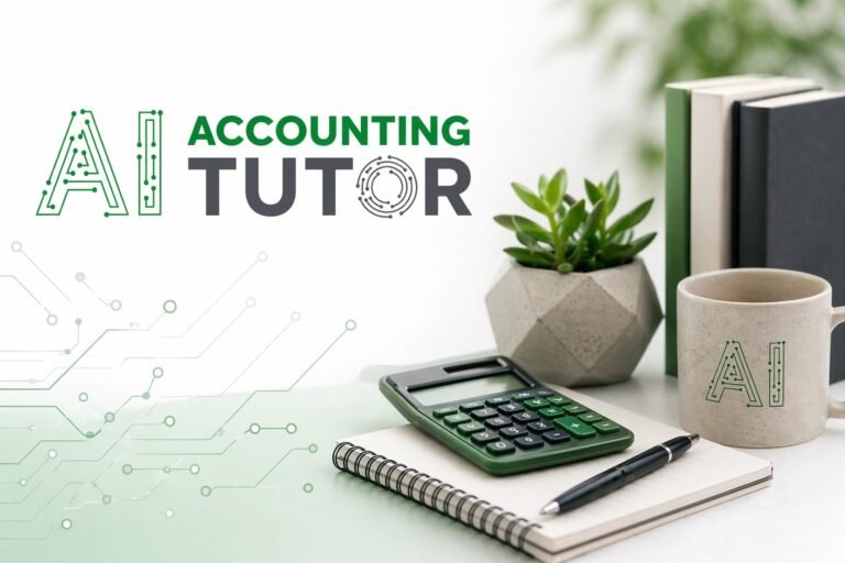 AI accounting revision concept image showing a minimalist desk setup with a green calculator, notebook, pen, plant, and coffee mug, alongside the AI Accounting Tutor logo on a clean white and green background.