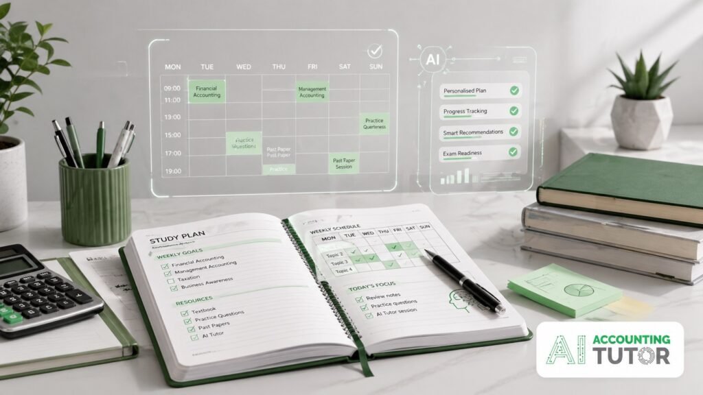 AI AAT study plan showing an AAT student using AI Accounting Tutor to organise revision, practise questions and prepare for accounting exams