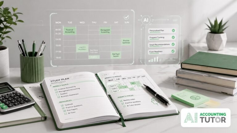 AI AAT study plan showing an AAT student using AI Accounting Tutor to organise revision, practise questions and prepare for accounting exams