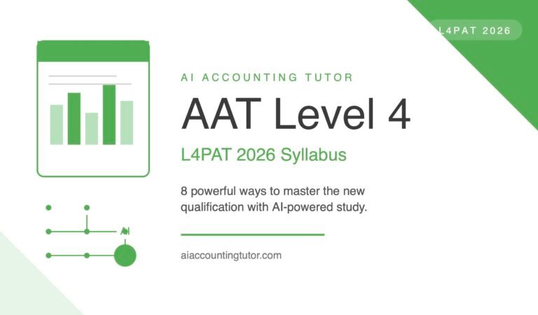 AI Accounting Tutor for AAT Level 4 hero image showing financial chart document and AI circuit graphic in brand green for L4PAT 2026