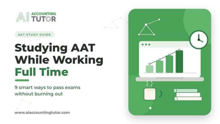 Studying AAT while working full time, AI Accounting Tutor hero graphic showing a laptop accounting chart, clock and study icons in brand green