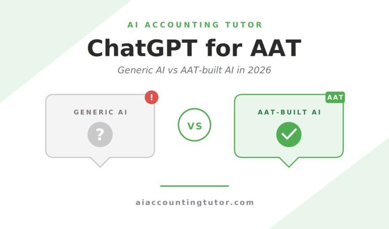 ChatGPT for AAT concept showing student comparing generic ChatGPT chat window with the AI Accounting Tutor platform for UK AAT exam study