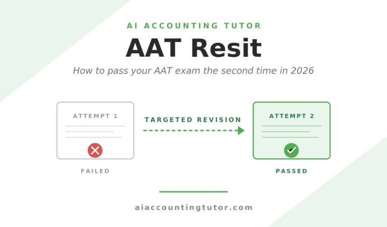 AAT resit hero image for AI Accounting Tutor showing student preparing for second AAT exam attempt with green checkmark and target icon