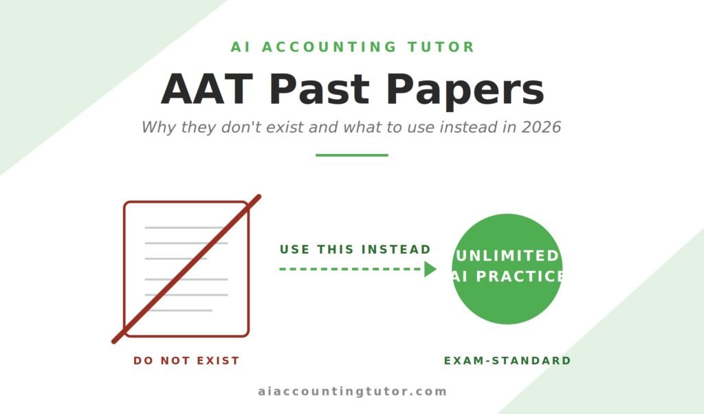 AAT past papers UK 2026 hero image showing crossed-out past papers document that does not exist and unlimited AI Accounting Tutor practice questions alternative in brand green