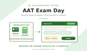 AAT exam day 2026 hero image showing checklist of photo ID and calculator beside assessment screen with timer and flag icons in AI Accounting Tutor branding