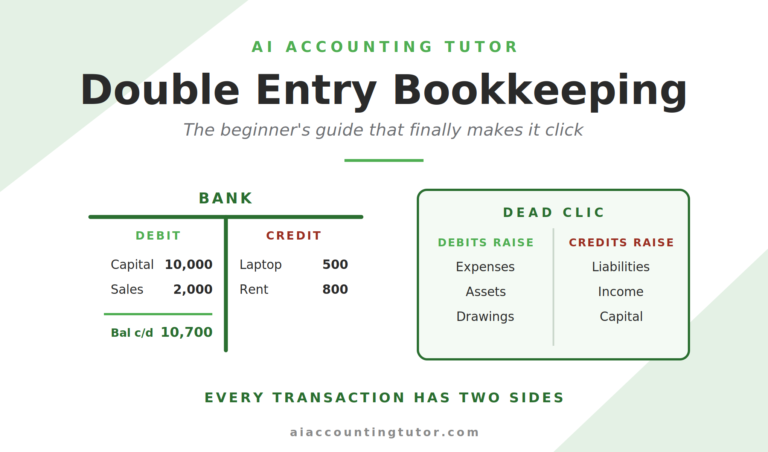 Double entry bookkeeping hero image showing debit and credit T-account with DEAD CLIC memory aid in AI Accounting Tutor branding